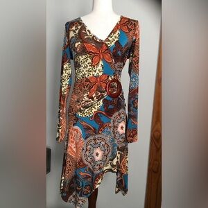 Venus Blue & Rust Paisley Wrap-Style Long Sleeve Dress